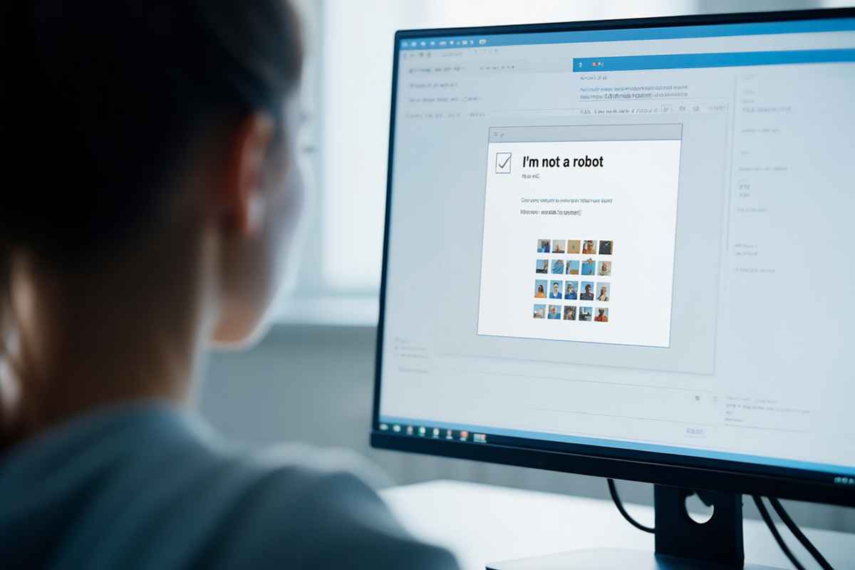 Asmuo sėdi prie kompiuterio ekrane matoma CAPTCHA patvirtinimo forma.